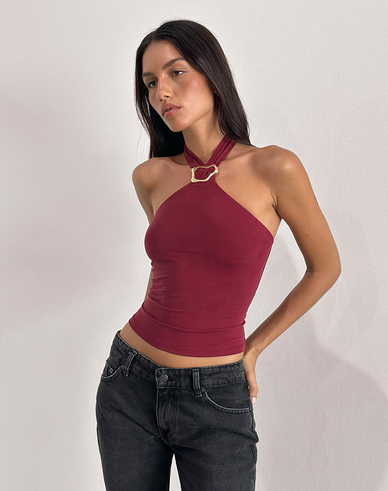 Lorie Halter Top in Cupro Donkerrood