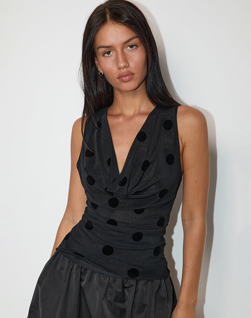 Losa Cowl Top in Grote Polka Flock Zwart