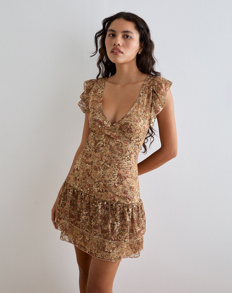 Afbeelding van Lotri Wrap Mini Dress in Cluster Floral Bruin