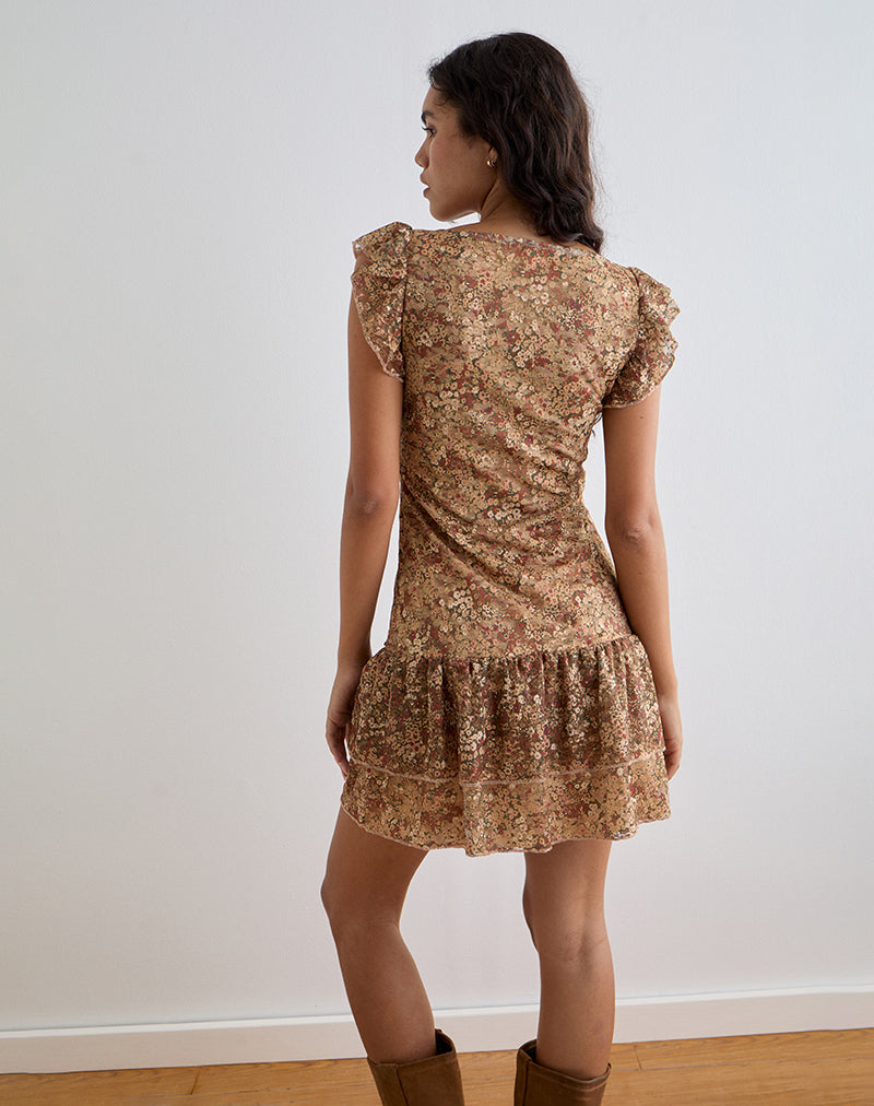 Afbeelding van Lotri Wrap Mini Dress in Cluster Floral Bruin