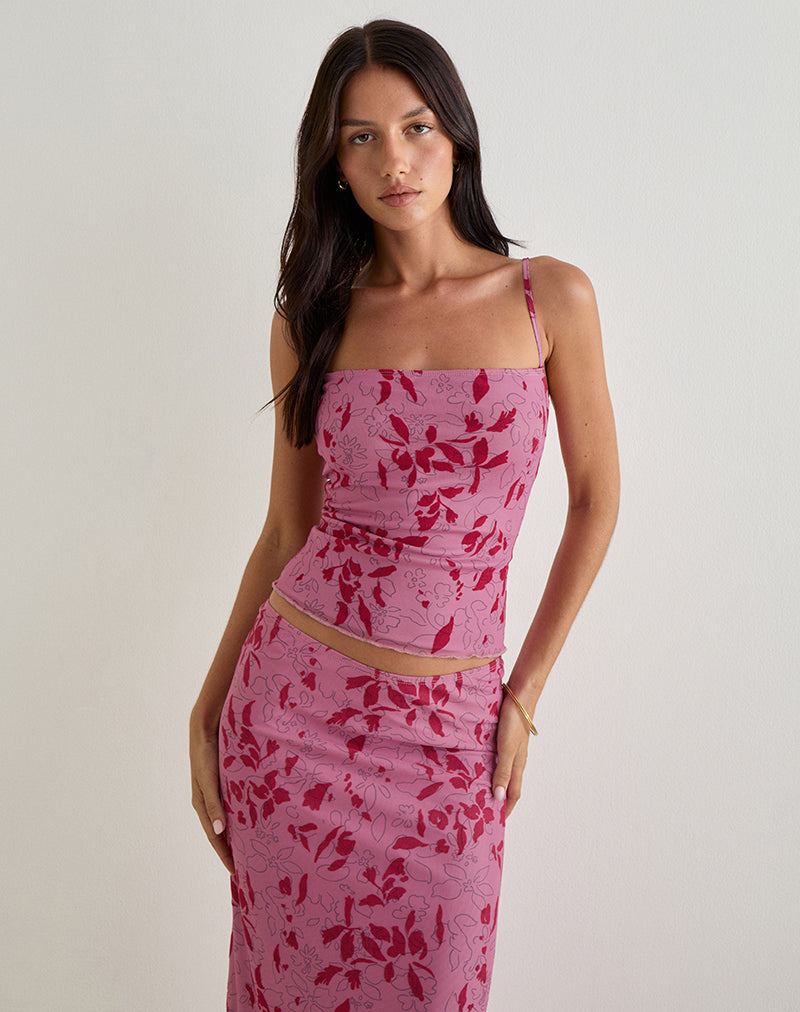 Lotus Cami Top in Stencil Bloem Roze