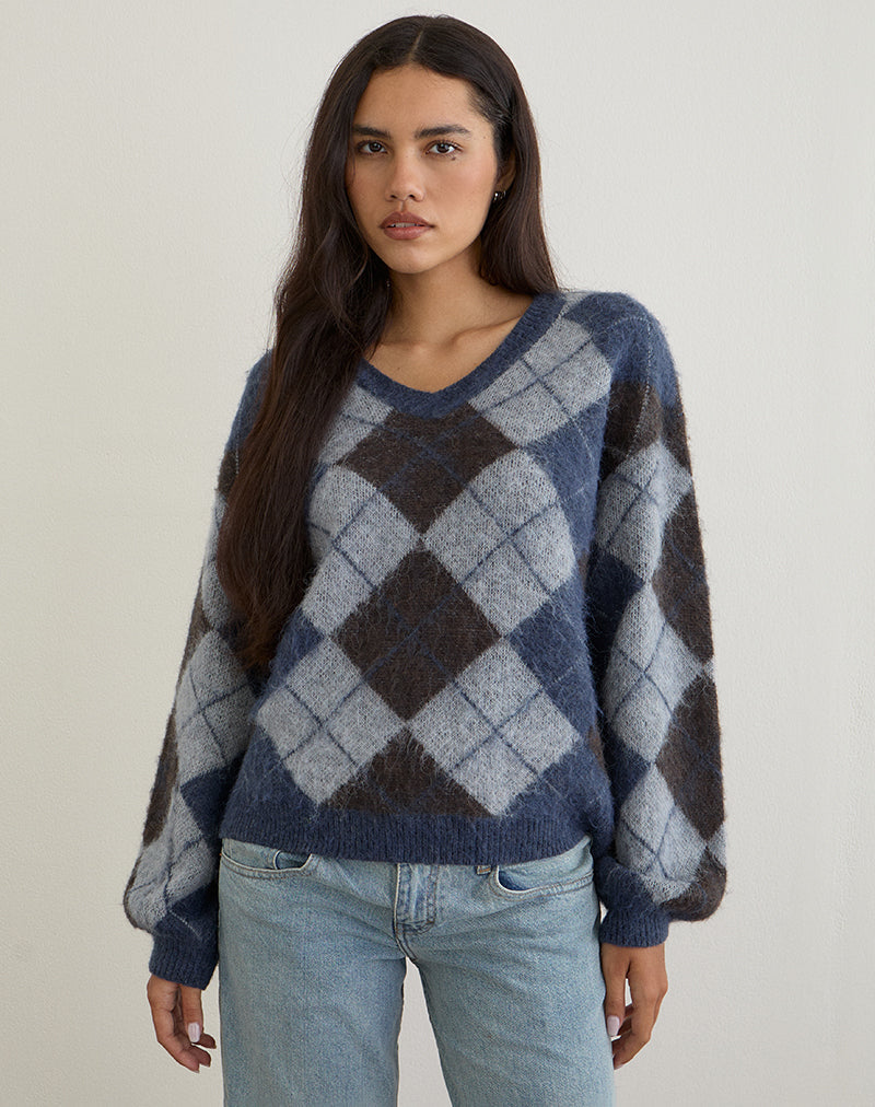 Trui Louna in gebreide Argyle ruit Navy