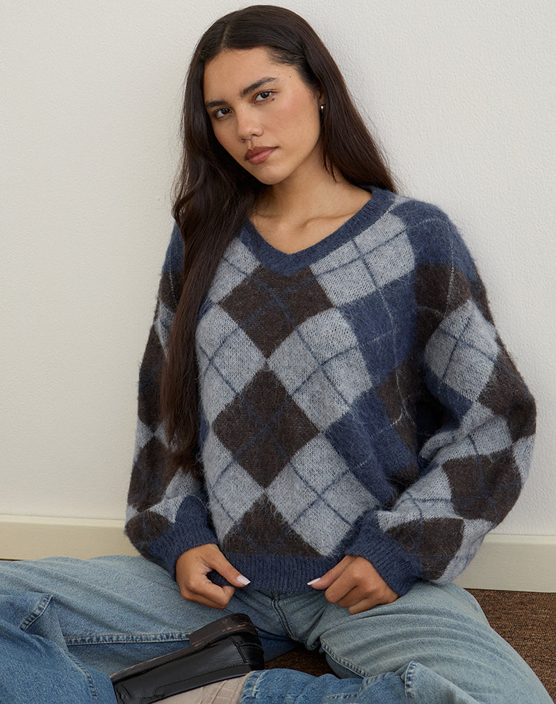 Trui Louna in gebreide Argyle ruit Navy