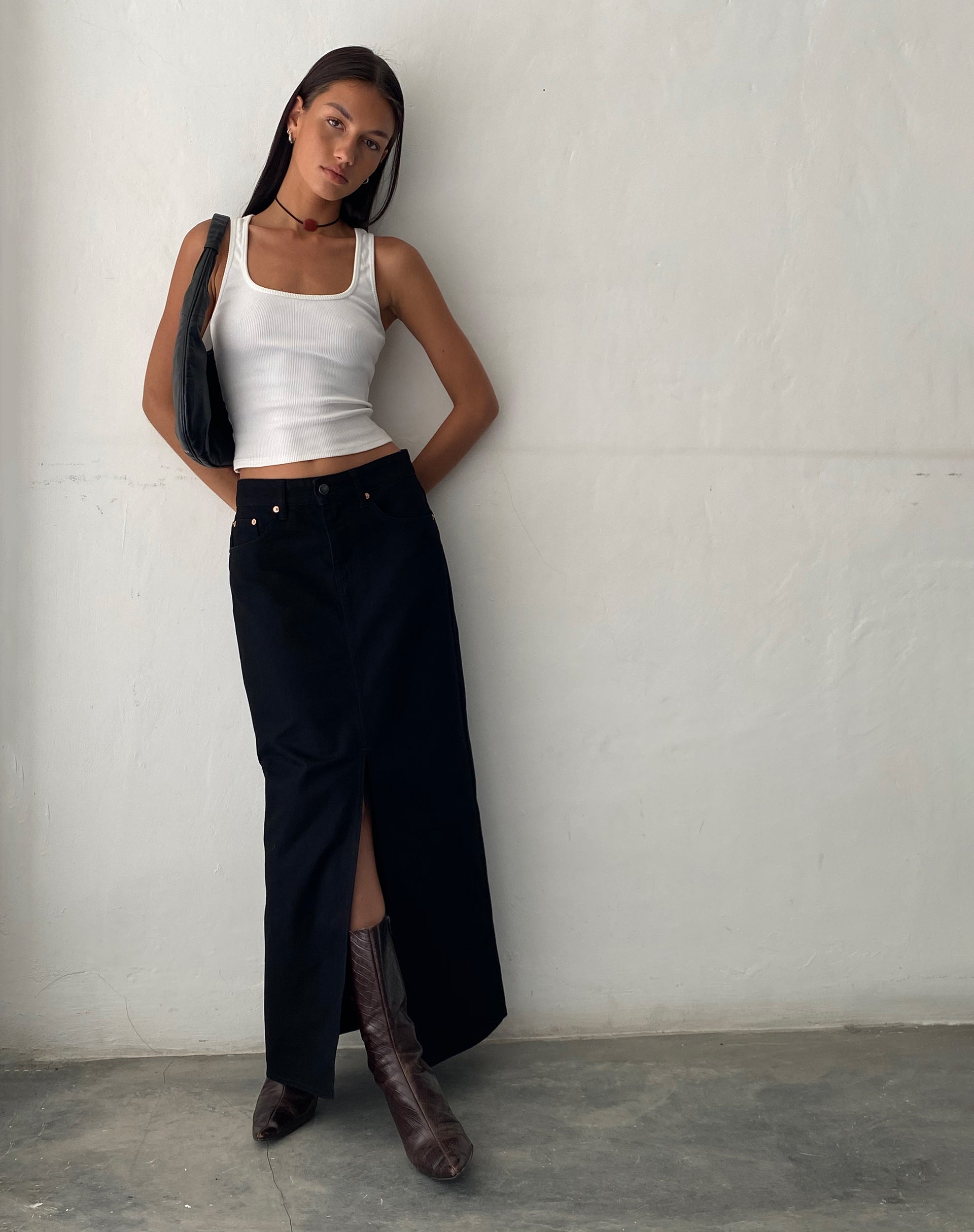 Afbeelding van Denim maxirok met lage taille in Rinse Black