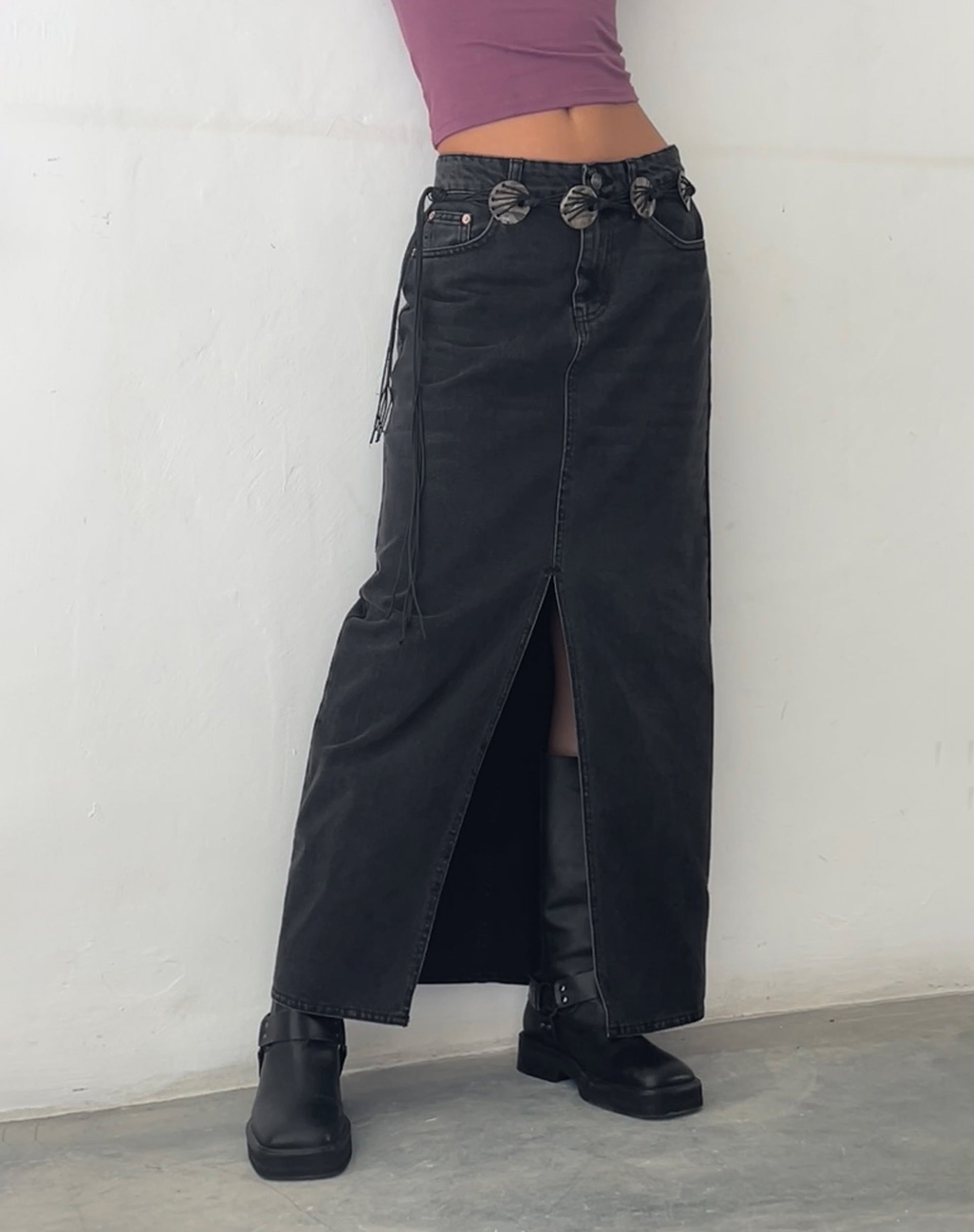 Afbeelding van Denim maxirok met lage taille in vintage zwart