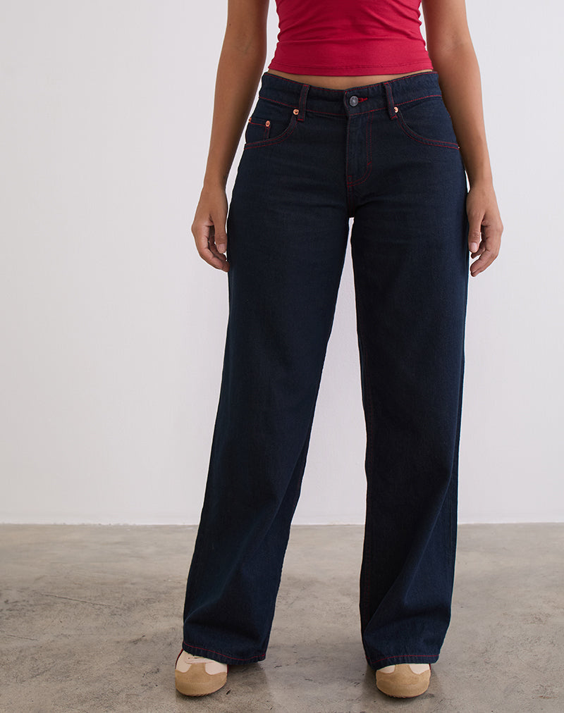Low Rise Roomy Jeans in Indigo met rode stiksels