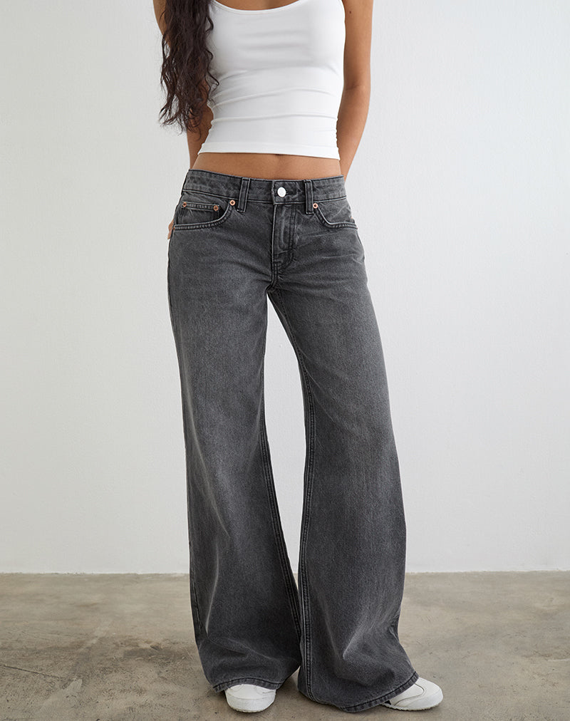 Laag uitgesneden slouchy flare jeans in gewassen zwartgrijs