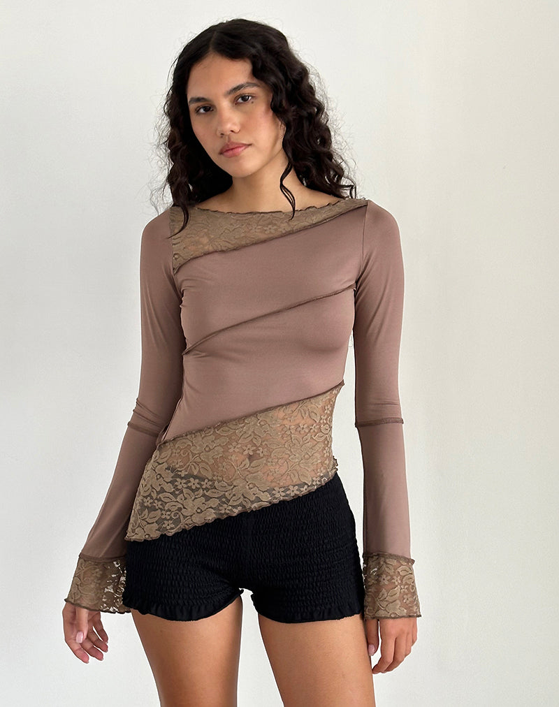 Lucca Lange Mouw Top in Slinky Kant Mokka