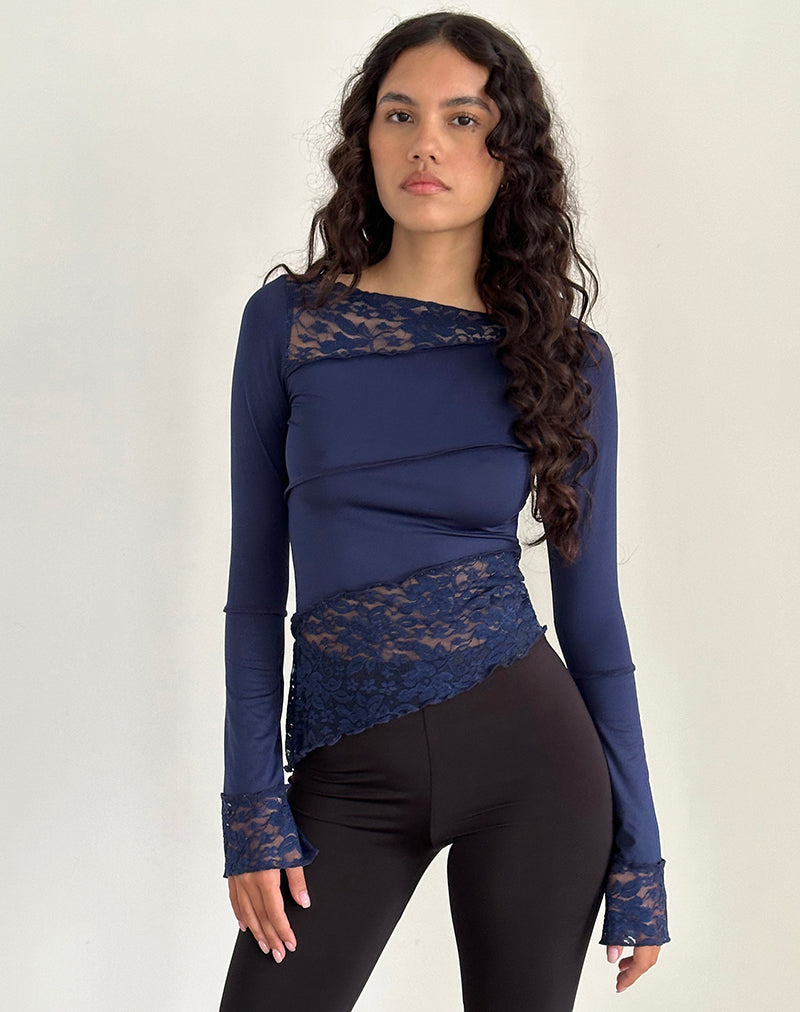 Lucca Lange Mouw Top in Slinky Kant Marineblauw