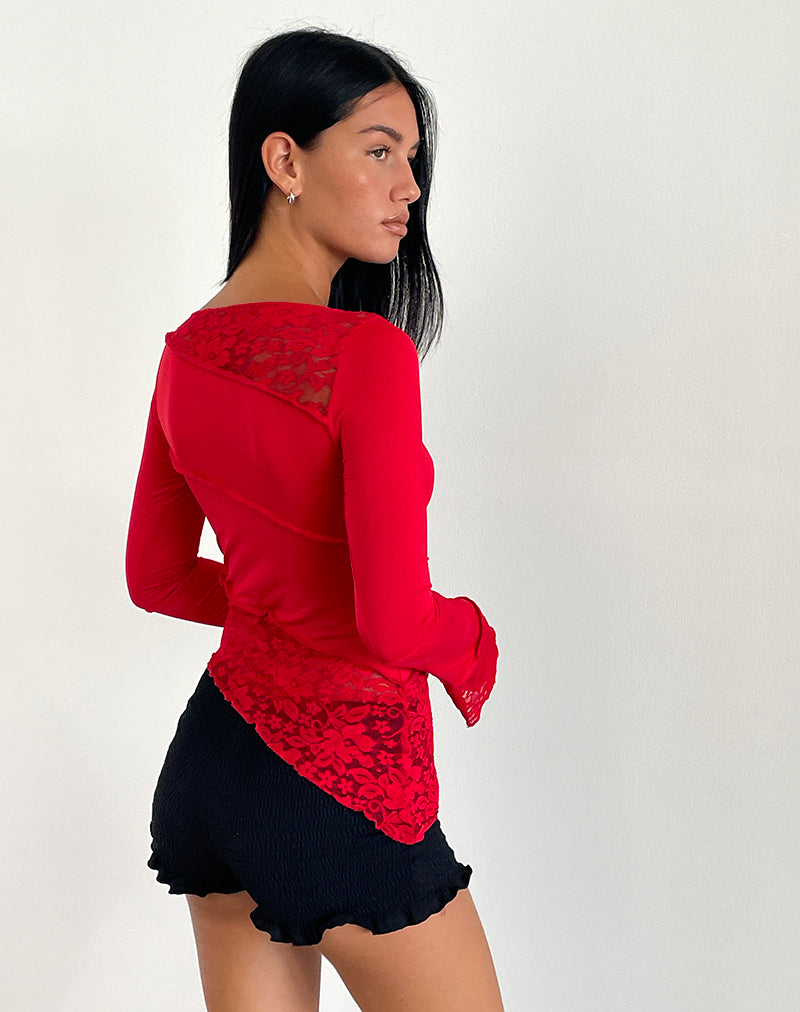 Afbeelding van Lucca Lange Mouw Top in Slinky Kant Rood