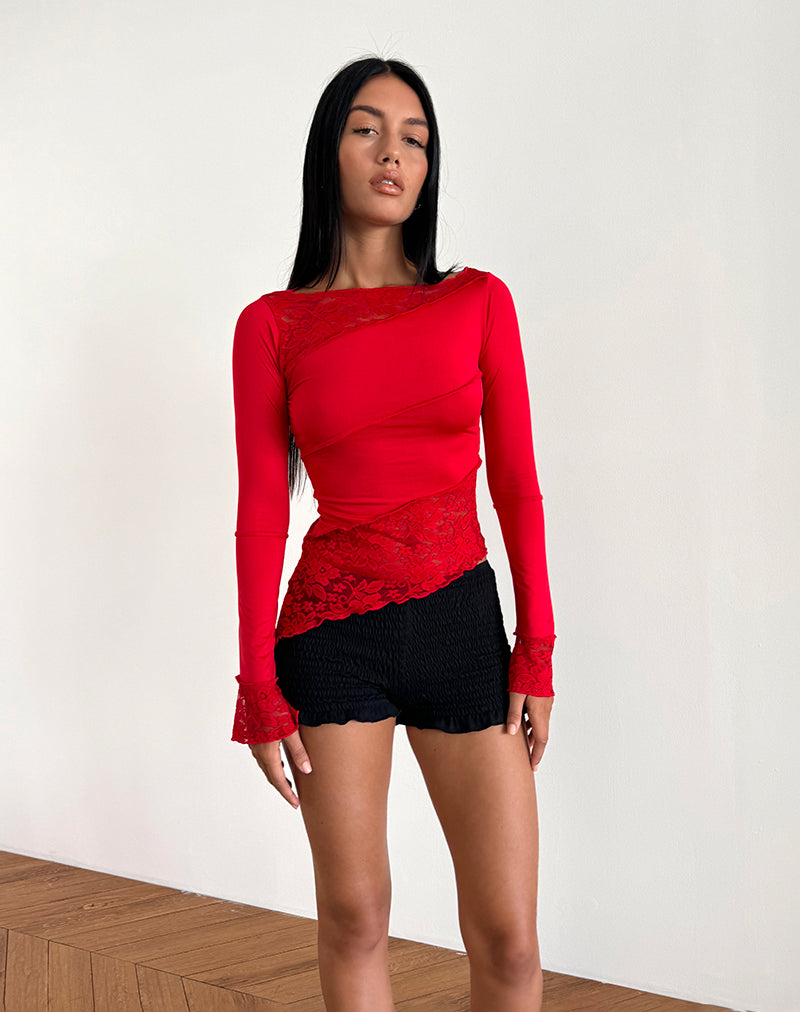 Afbeelding van Lucca Lange Mouw Top in Slinky Kant Rood