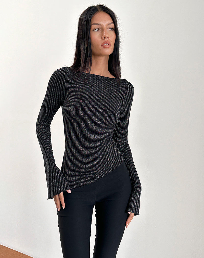 Lukia Top met lange mouwen in metallic streepjersey zwart