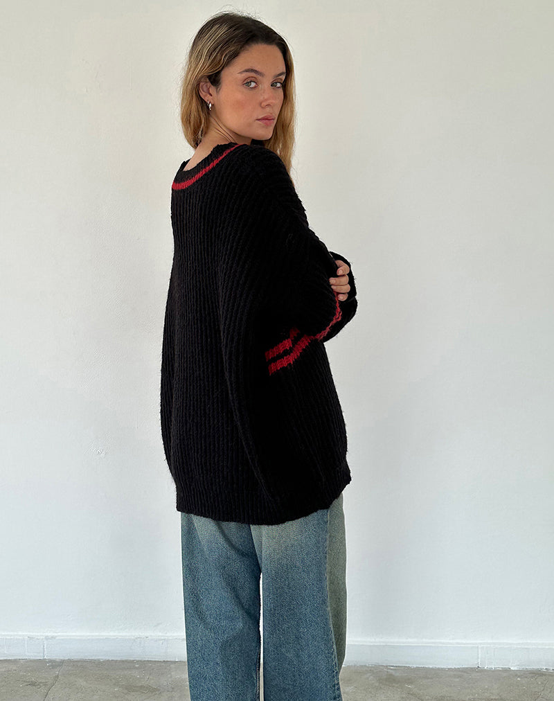 Afbeelding van Lulees Oversized Trui in Zwart met Rode Ster en Strepen