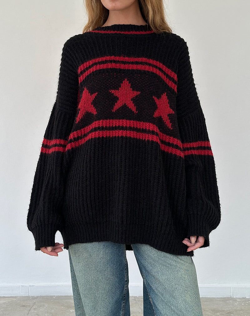 Afbeelding van Lulees Oversized Trui in Zwart met Rode Ster en Strepen