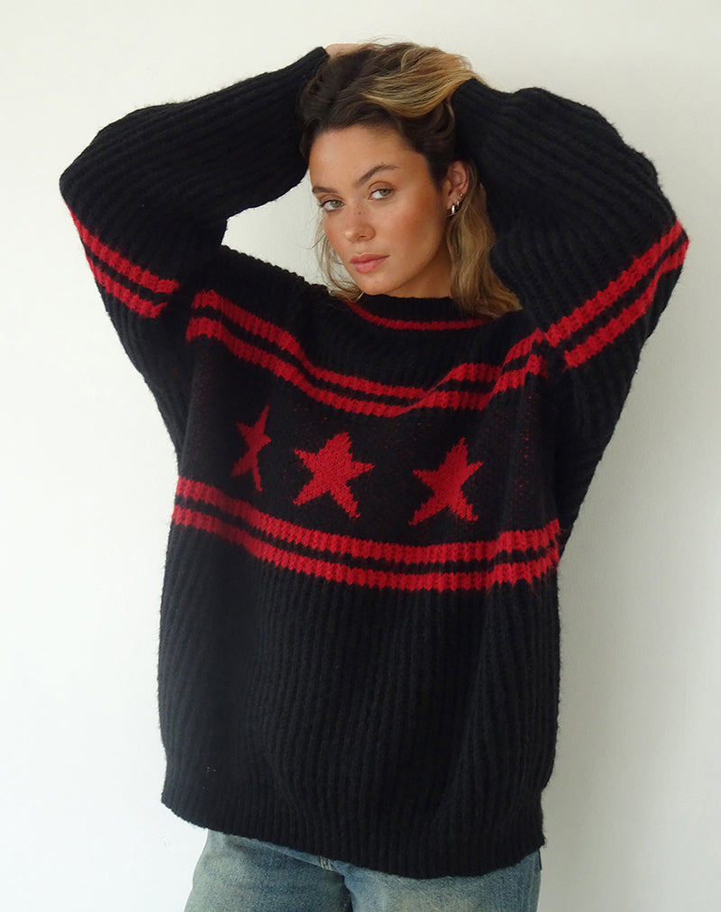 Afbeelding van Lulees Oversized Trui in Zwart met Rode Ster en Strepen