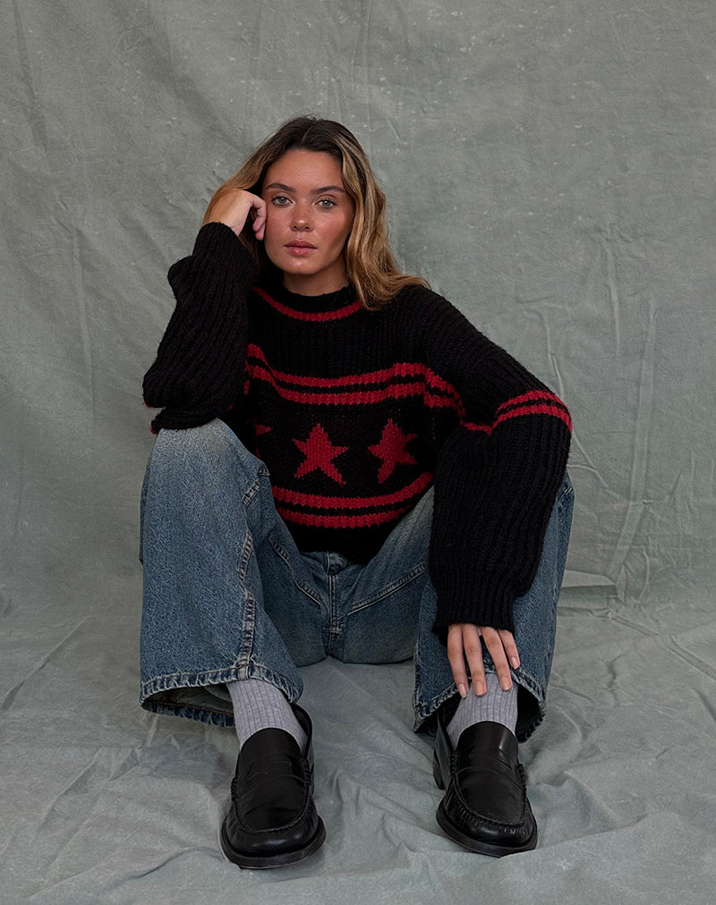Afbeelding van Lulees Oversized Trui in Zwart met Rode Ster en Strepen