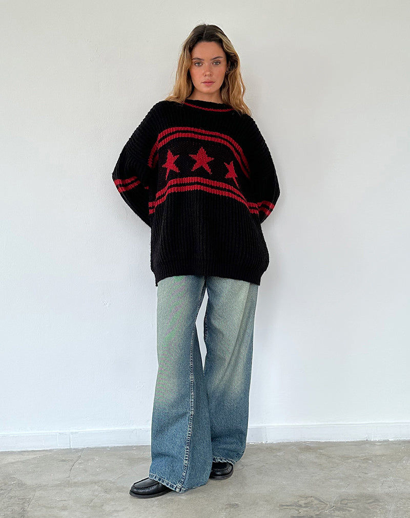 Afbeelding van Lulees Oversized Trui in Zwart met Rode Ster en Strepen