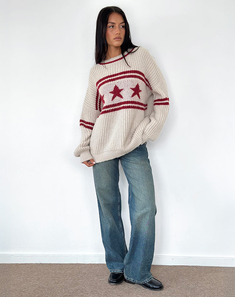 Afbeelding van Lulees Oversized Trui in Haver met Ster Streep
