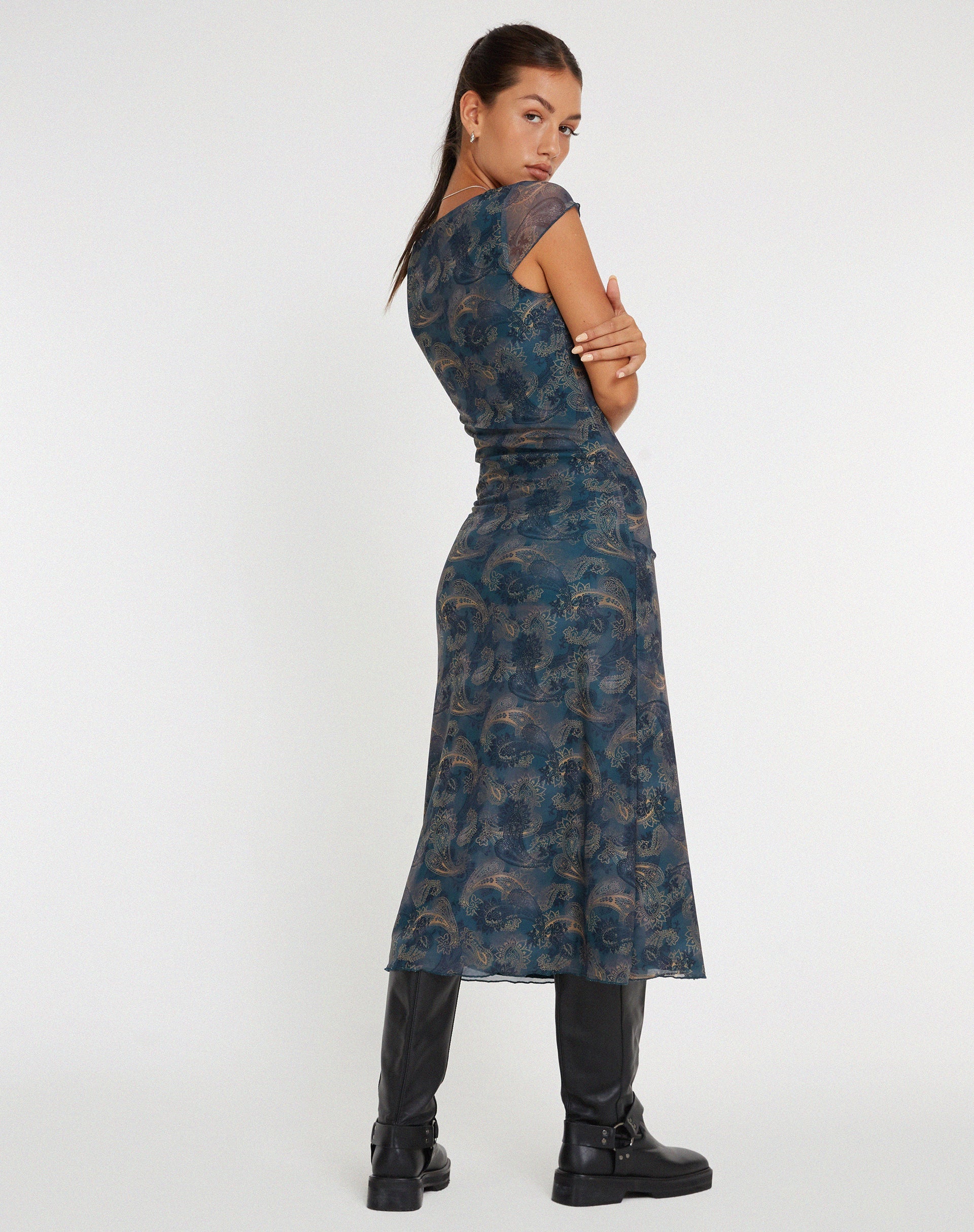 Afbeelding van Lunama Mesh Midi Dress in Tonal Blue Paisley
