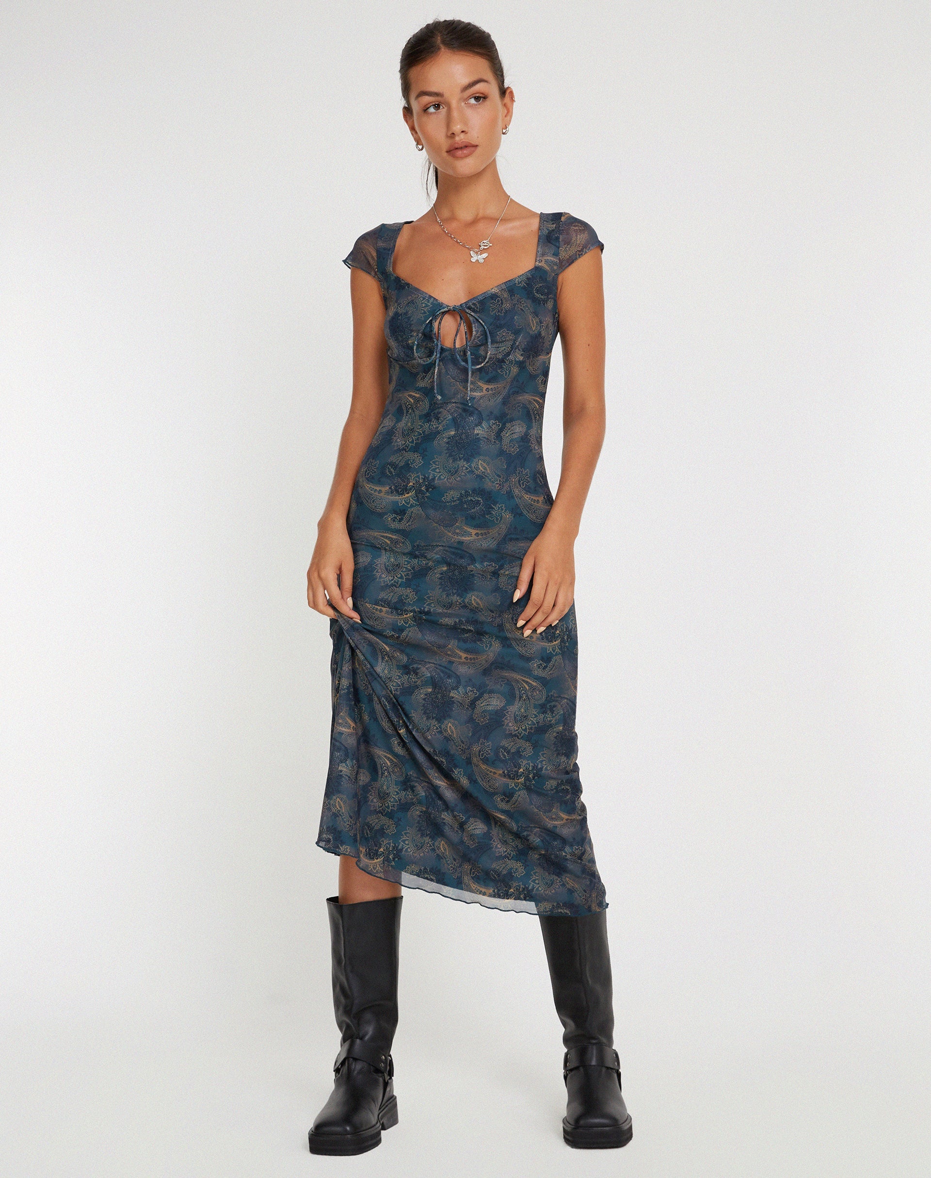 Afbeelding van Lunama Mesh Midi Dress in Tonal Blue Paisley