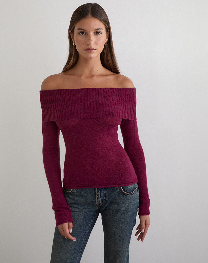 Image of Lune Bardot Jumper in Knit Wine