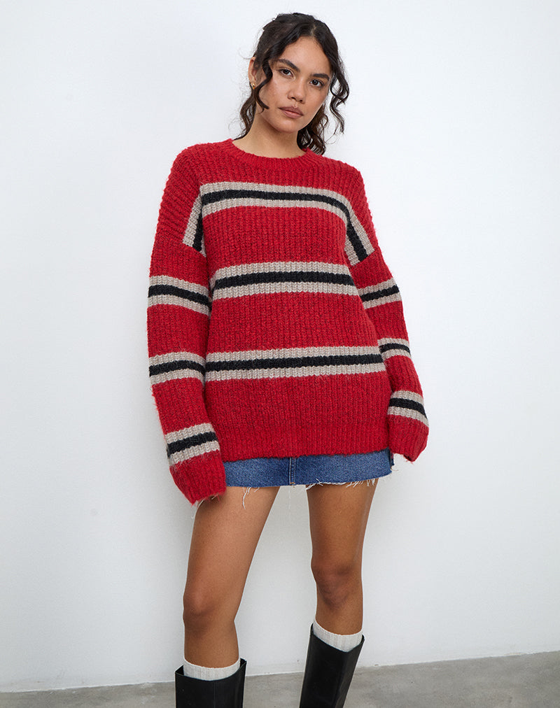 Lunet gebreide trui in rood met zwarte streep