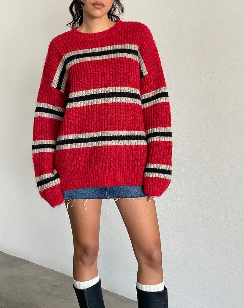 Lunet gebreide trui in rood met zwarte streep