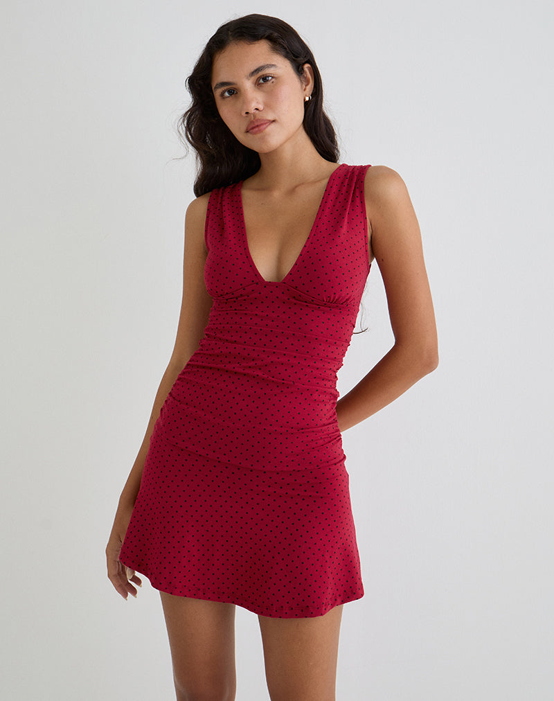 Afbeelding van Luscian Plunge Mini Dress in Rood met Zwarte Micro Polka Print