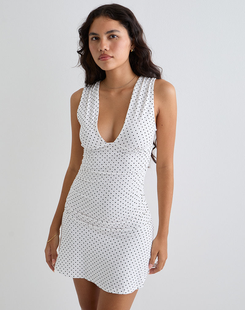 Luscian Plunge Mini Jurk in Wit met Micro Polka Zwart