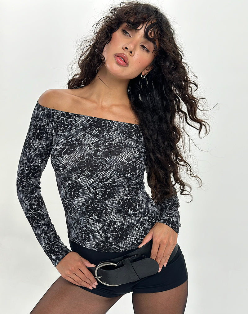Afbeelding van Lutana Bardot Lange Mouw Top in Midnight Floral Grijs