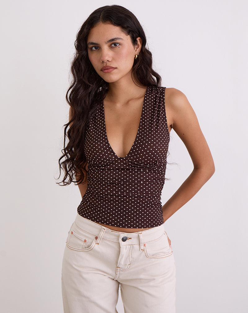 Afbeelding van Lycia Plunge Top in Micro Polka Bruin