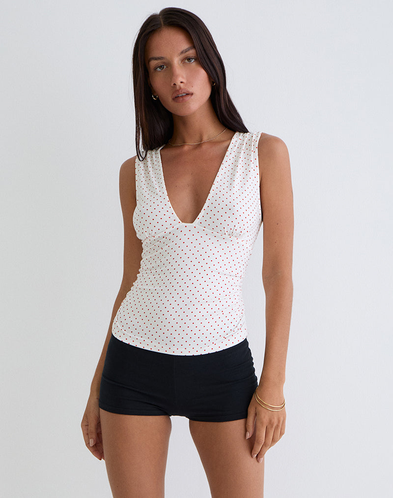 Afbeelding van Lycia Plunge Top in Wit met Rode Micro Polka Print