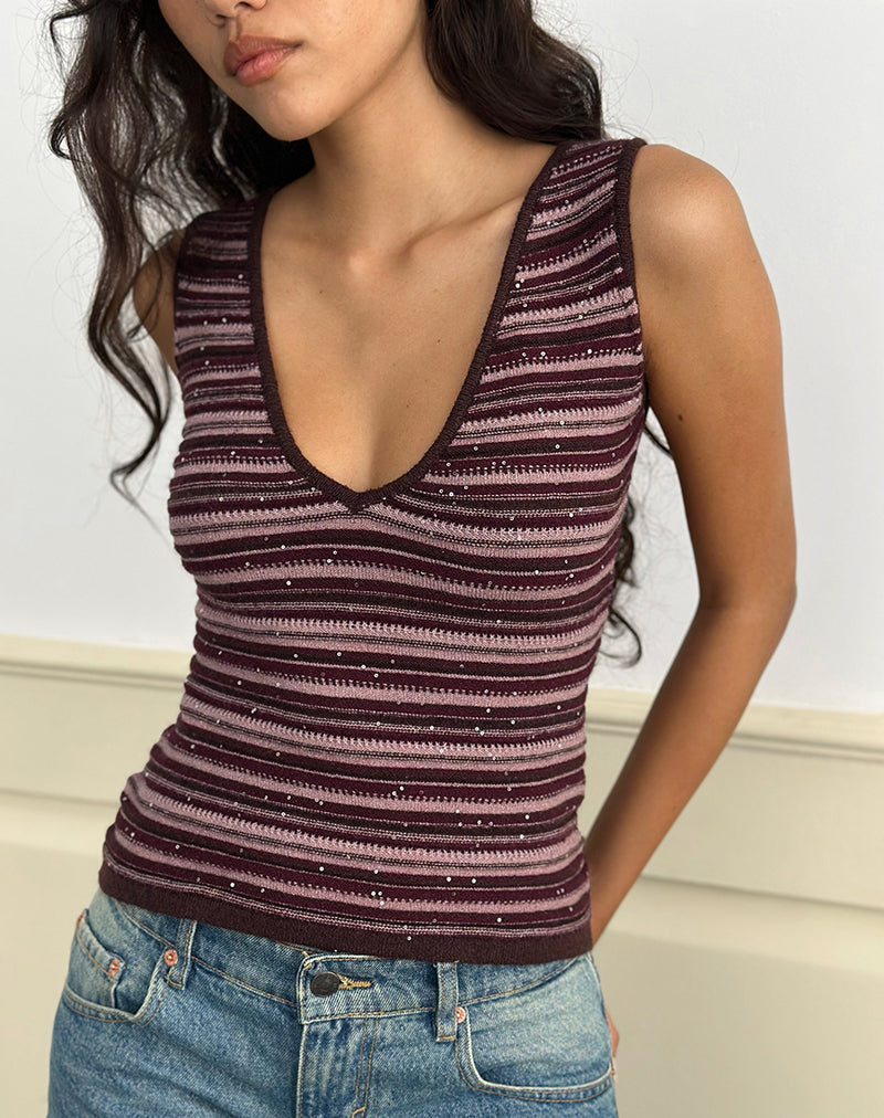 Lycia Plunge Top in Glitter Knit Gestreept Paars