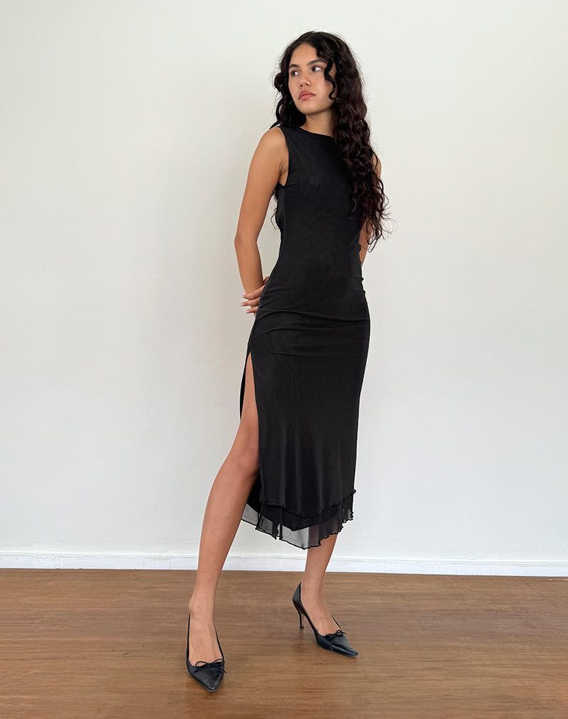Lyra Rugloze Midi Dress in Mesh Zwart