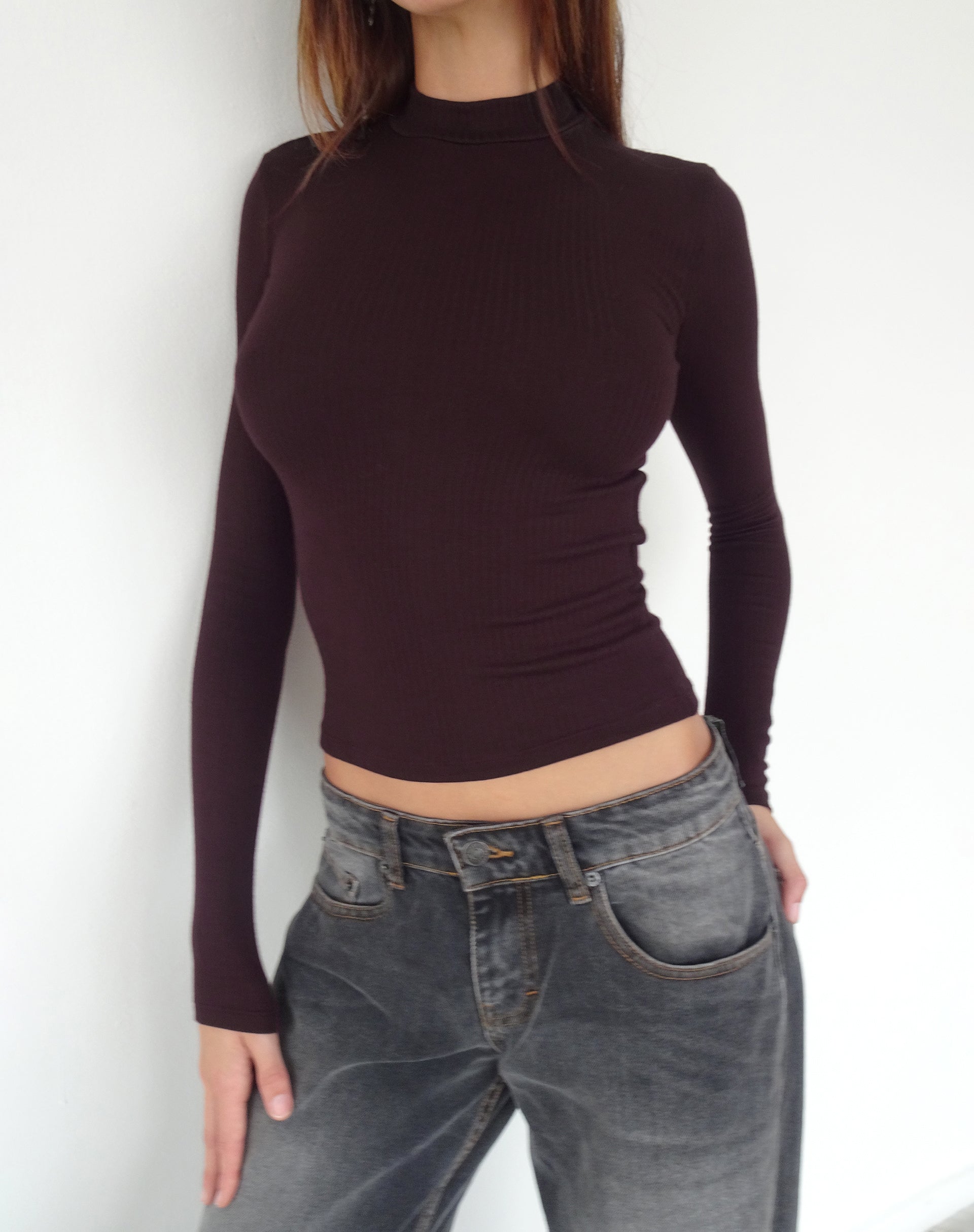 Afbeelding van Mabel Hoge Hals Lange Mouw Geribbelde Top in Oxblood