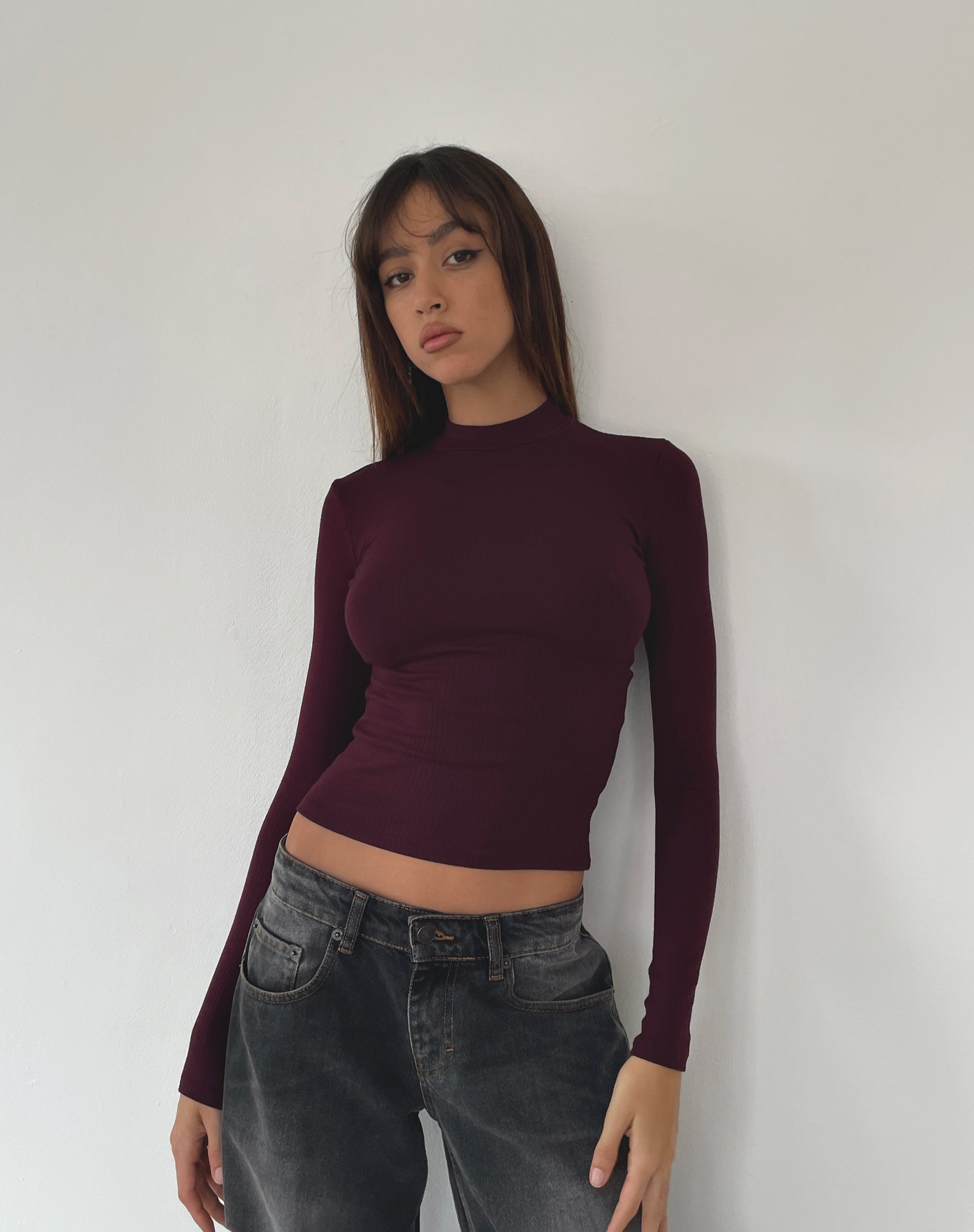 Afbeelding van Mabel Hoge Hals Lange Mouw Geribbelde Top in Oxblood