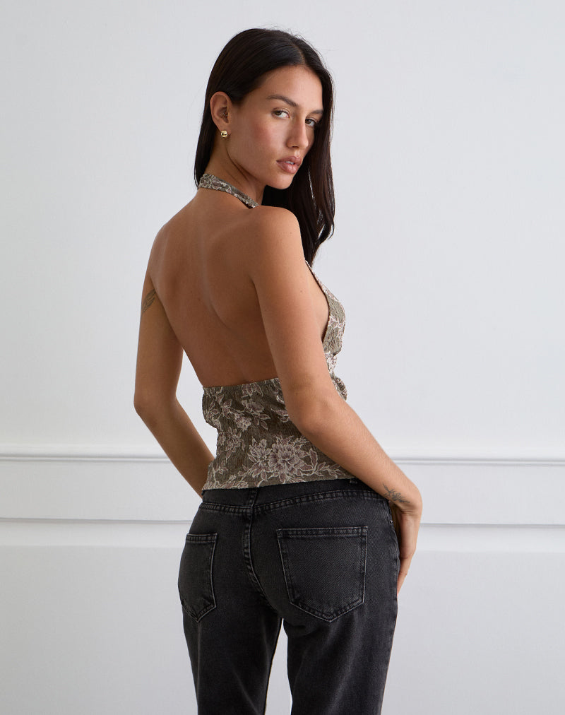 Afbeelding van Mabli Haltertop in Textured Woven Floral Groen