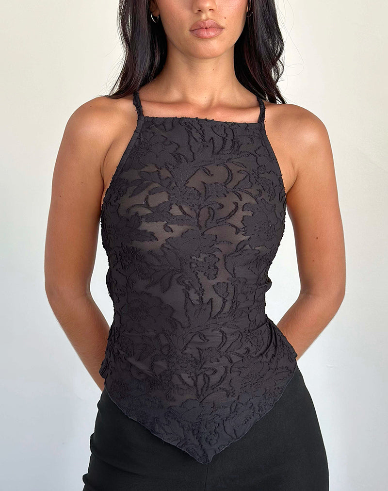Maddison Top in Sheer Flower Zwart