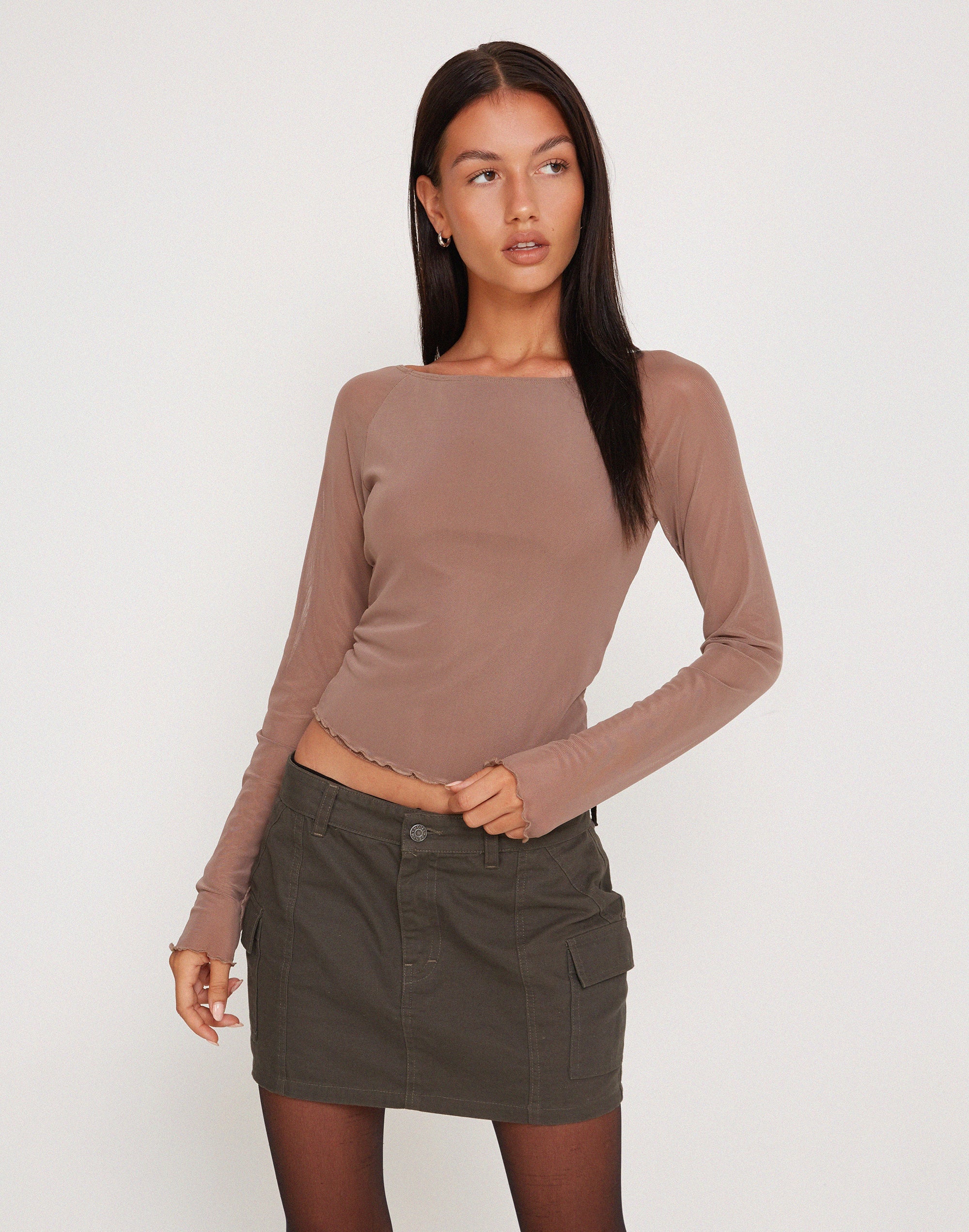 Afbeelding van Mahira Mesh Top met lange mouwen in Lichtbruin