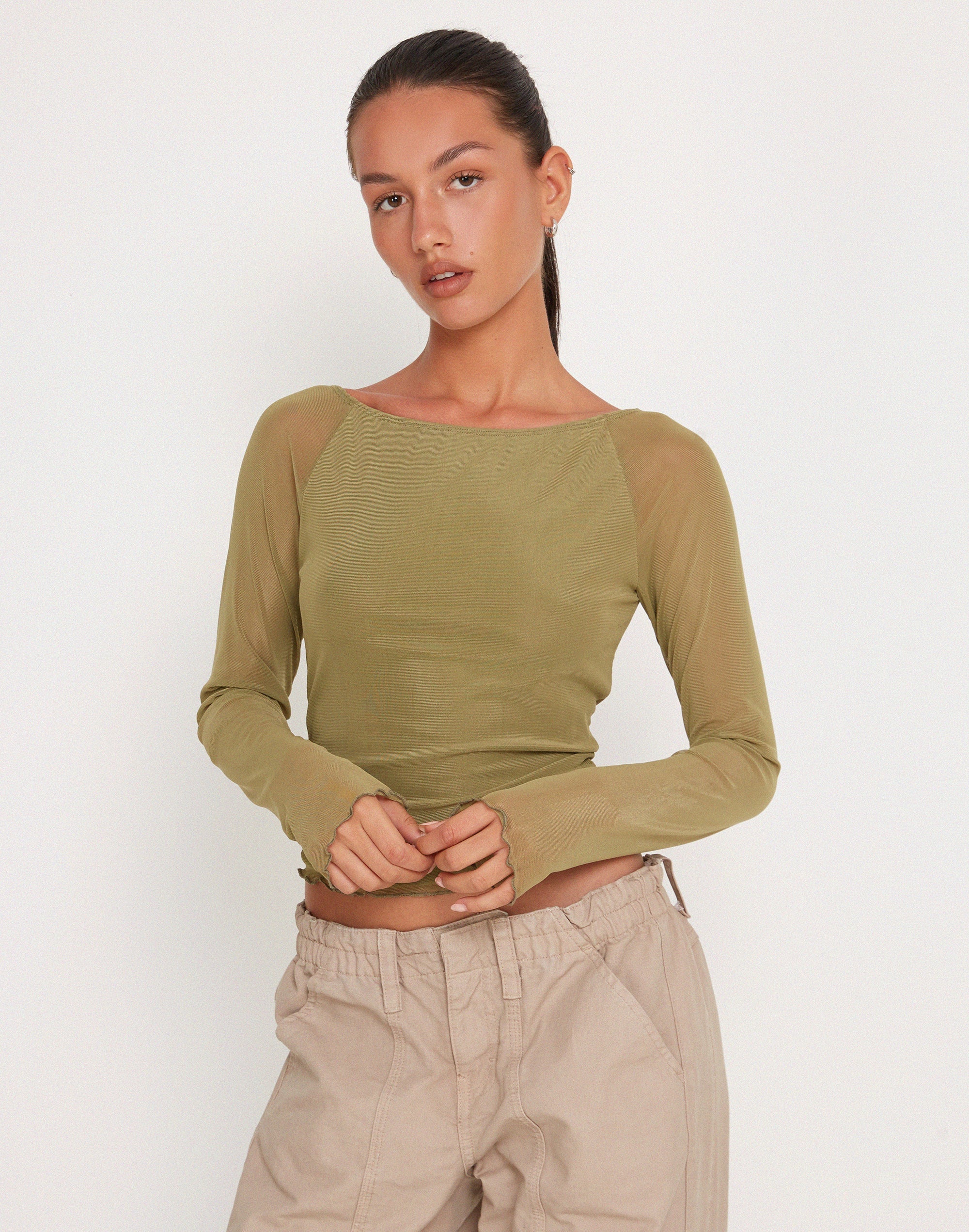 Afbeelding van Mahira Mesh Top met lange mouwen in Olijf