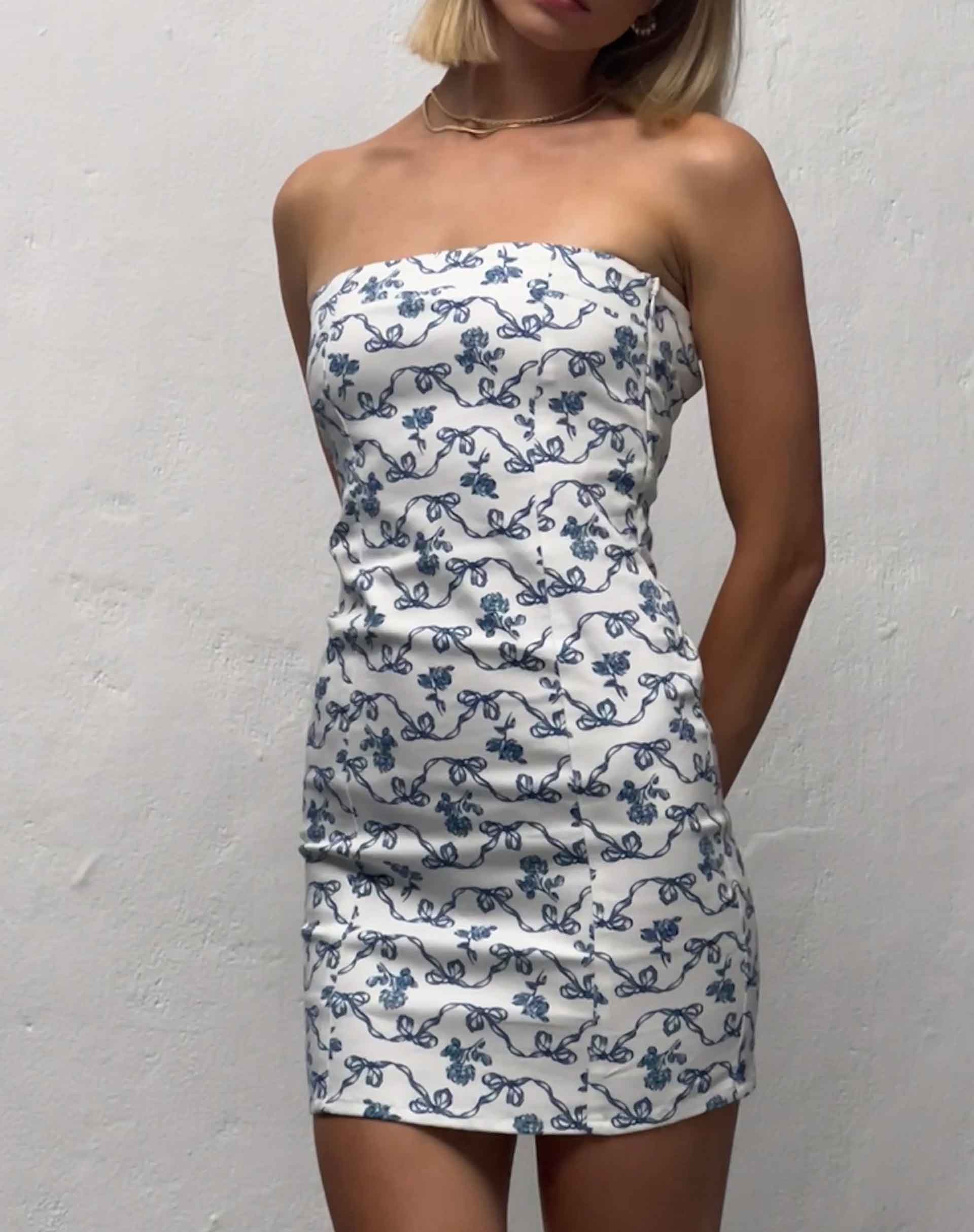 Afbeelding van Majken Mini Stropdasjurk met Blauw Wit Lintprint