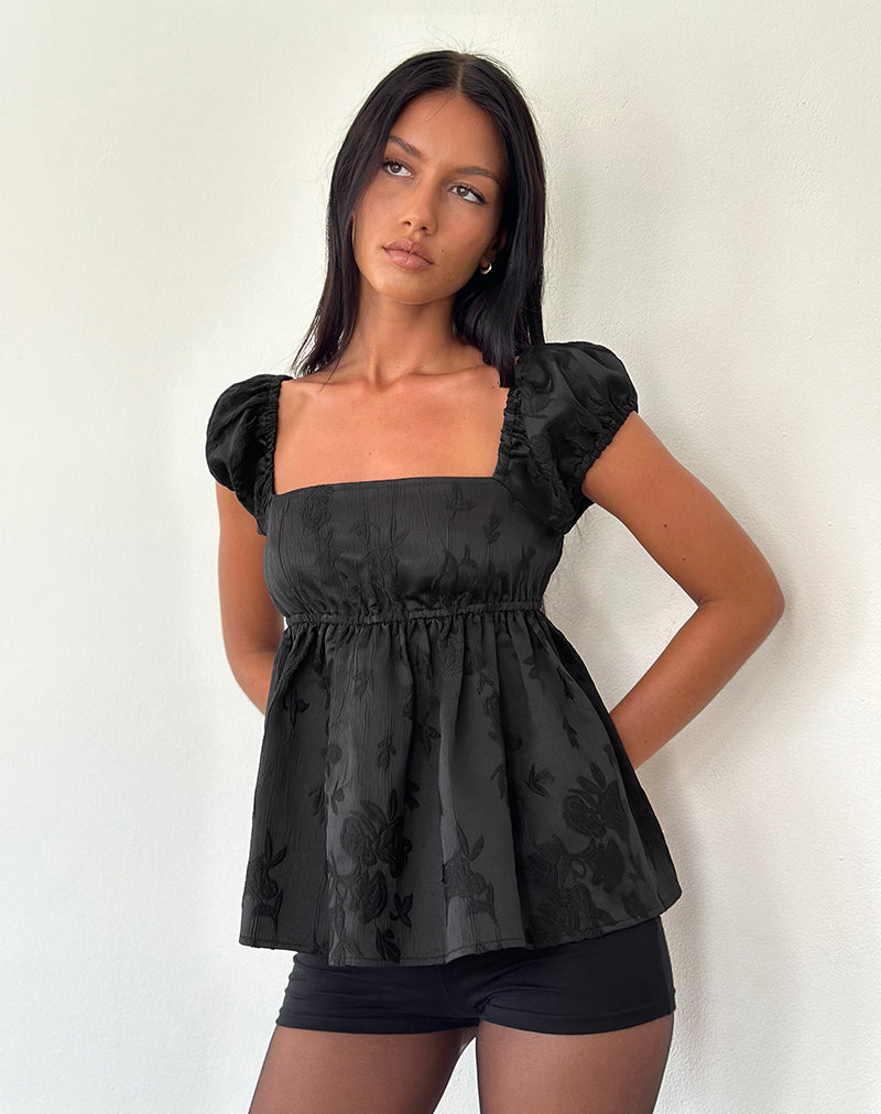 Malea Peplum Top in Zwart Satijn Jacquard