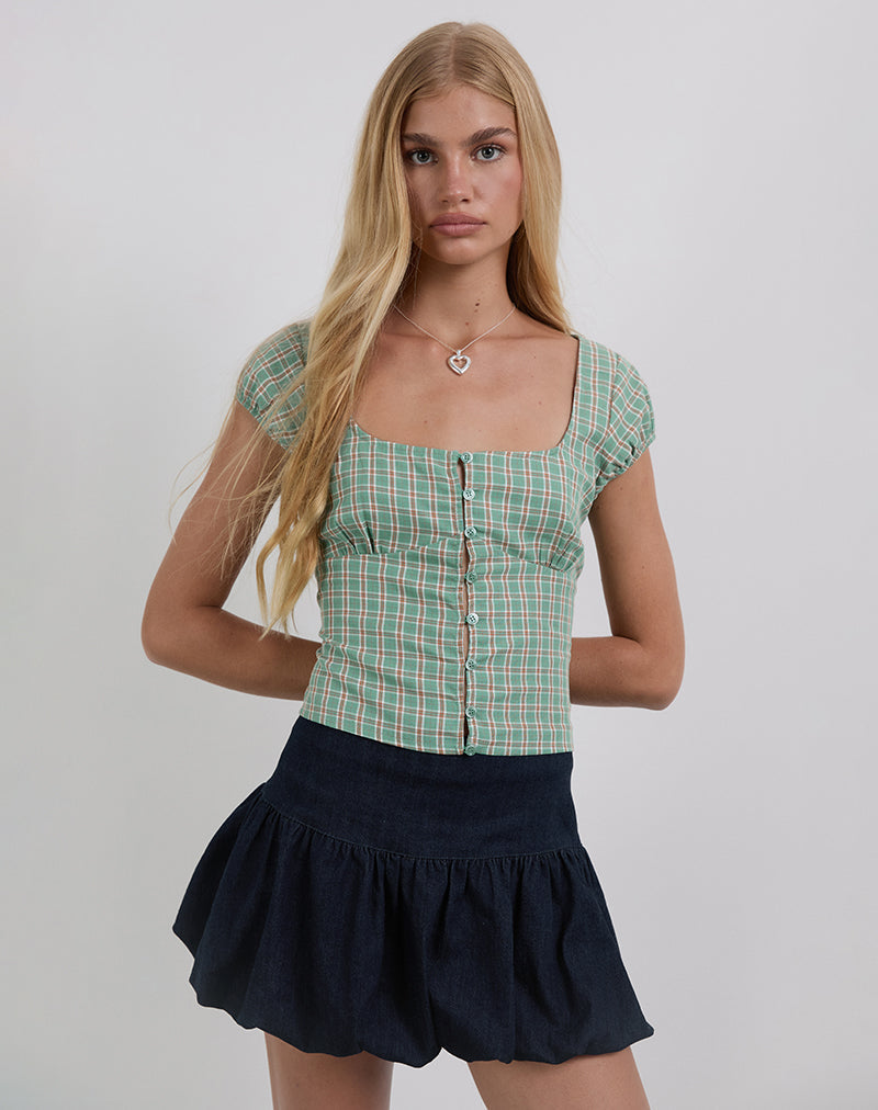 Afbeelding van Malsa Scoop Knoop Blouse in Teal Check
