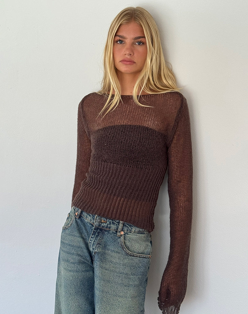 Afbeelding van Manon Sheer Knit Top met lange mouwen in Chocoladebruin