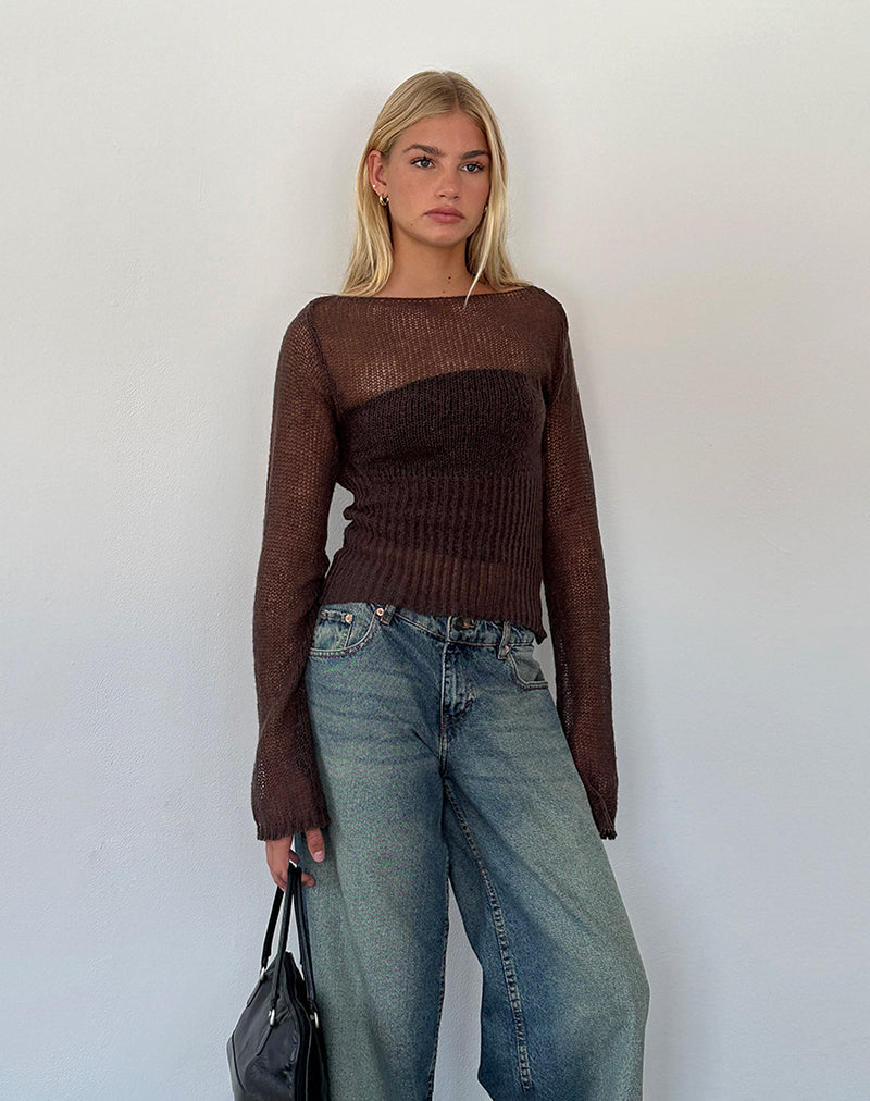 Afbeelding van Manon Sheer Knit Top met lange mouwen in Chocoladebruin