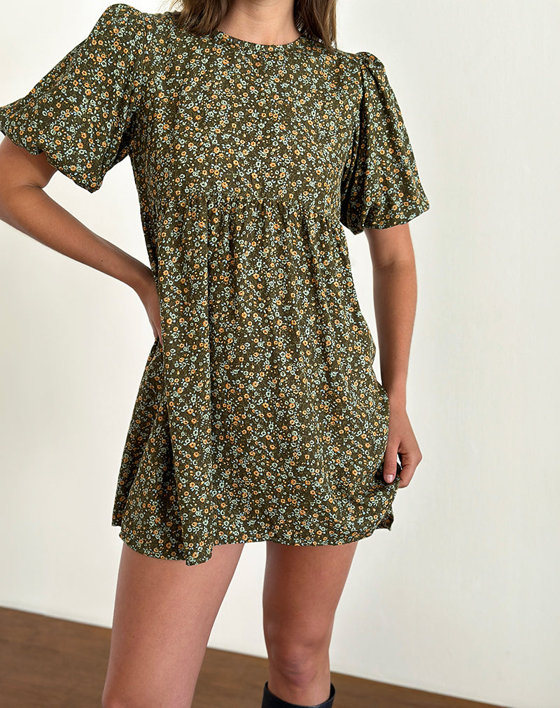 Afbeelding van Marate Puff Sleeve Mini Dress in Grunge Floral Khaki