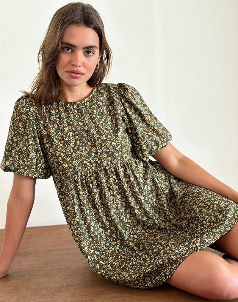 Afbeelding van Marate Puff Sleeve Mini Dress in Grunge Floral Khaki