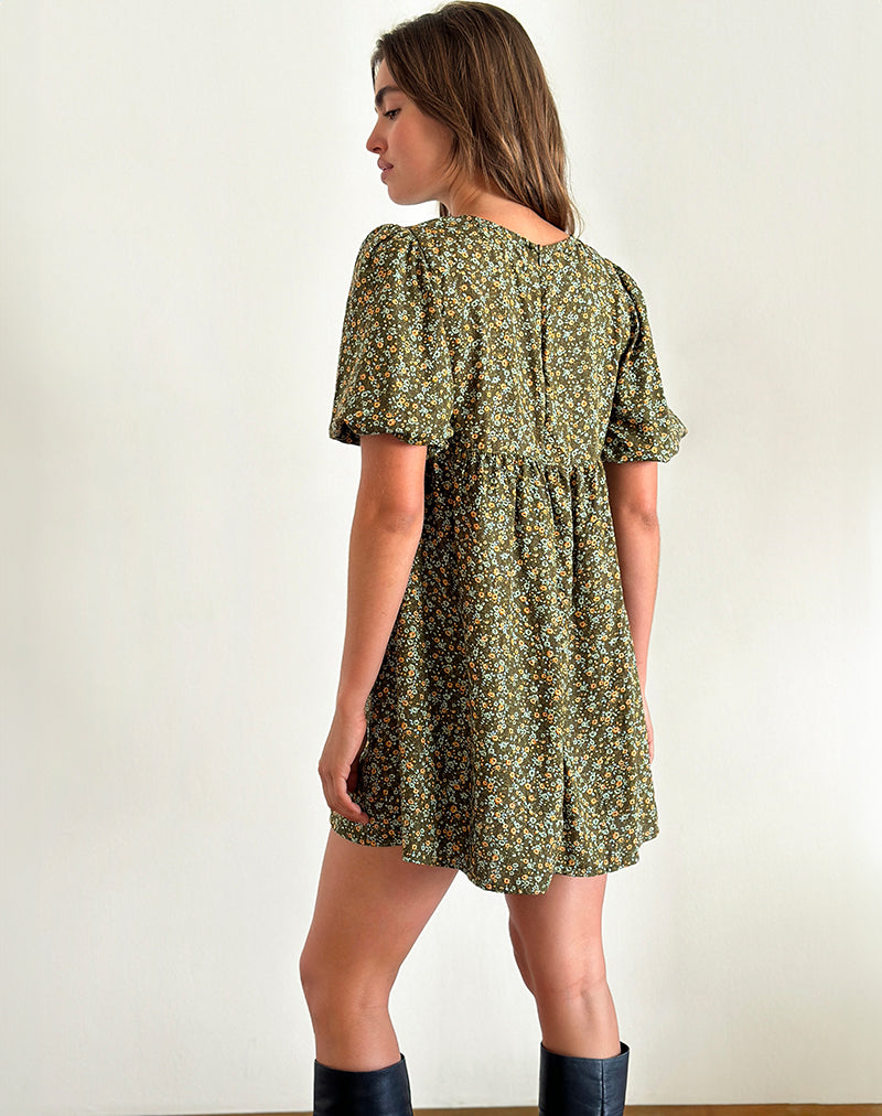 Afbeelding van Marate Puff Sleeve Mini Dress in Grunge Floral Khaki