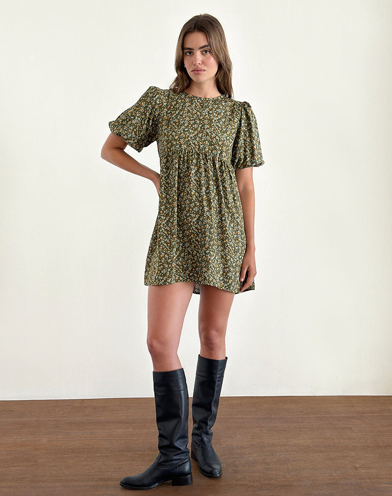 Afbeelding van Marate Puff Sleeve Mini Dress in Grunge Floral Khaki