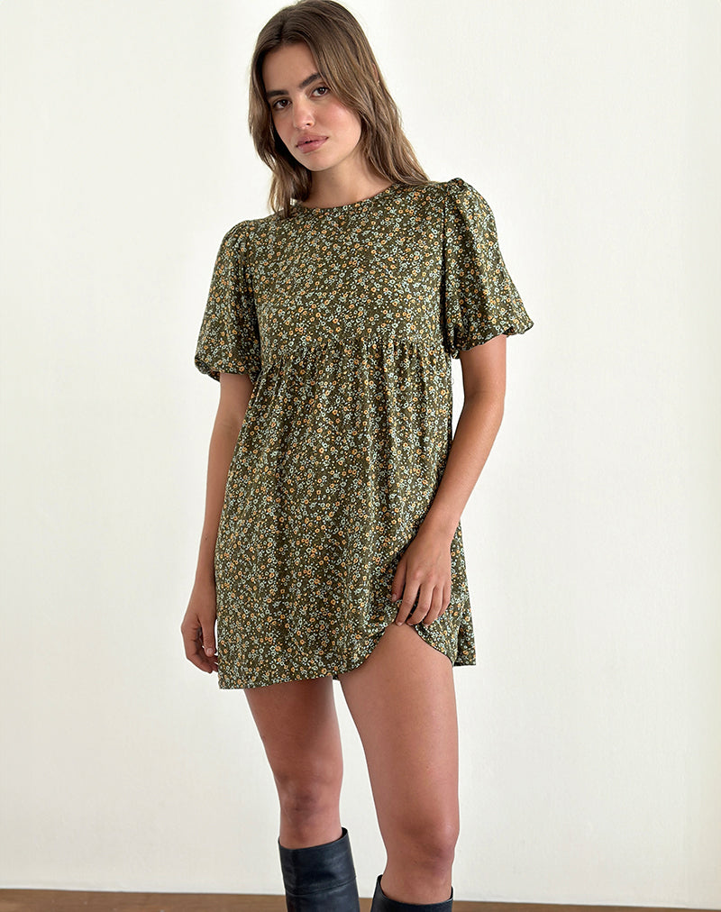 Afbeelding van Marate Puff Sleeve Mini Dress in Grunge Floral Khaki